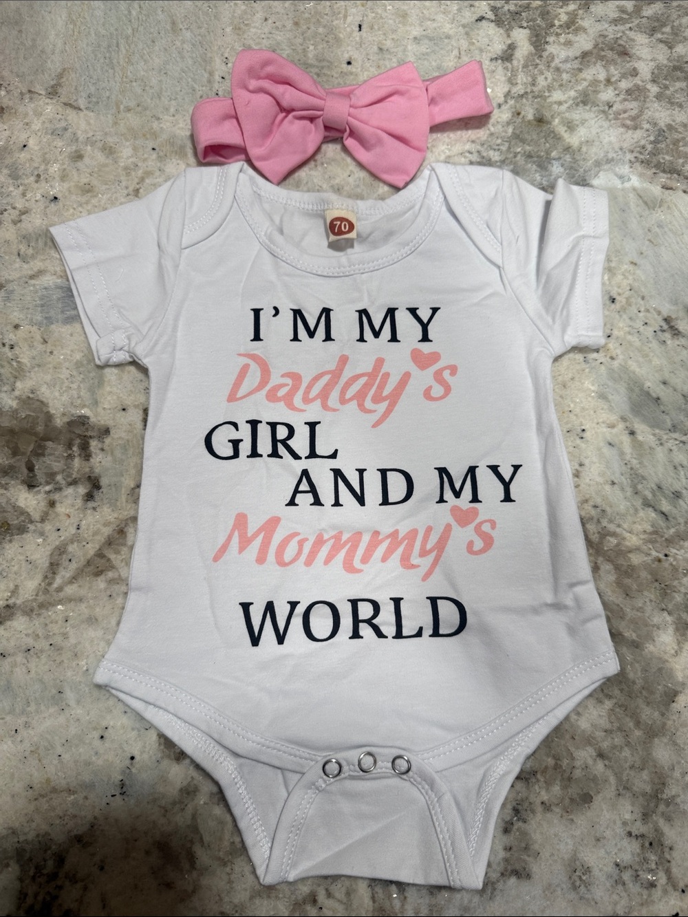 White Baby One-Piece Bodysuit with Pink Lettering and Pink Headband